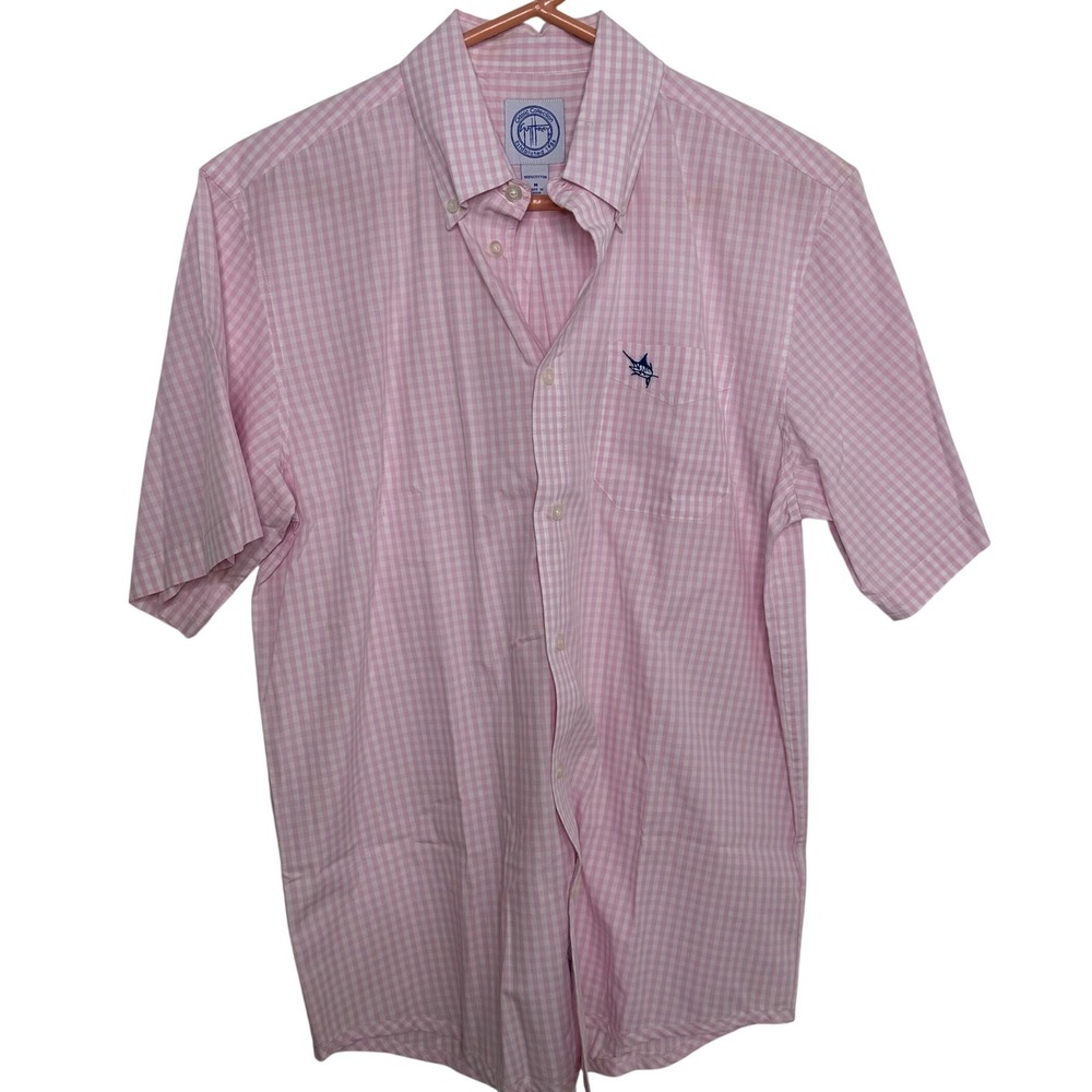 Guy Harvey pink white gingham checkered preppy fishing men's button down shirt M